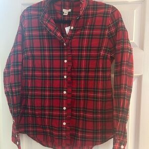 J. Crew Red and green festive Plaid Shirt with ruffle neck size medium